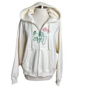 Obey Zip Up Hoodie Womens Large Ivory Wavy Dog Print Fleece Lined Sweater